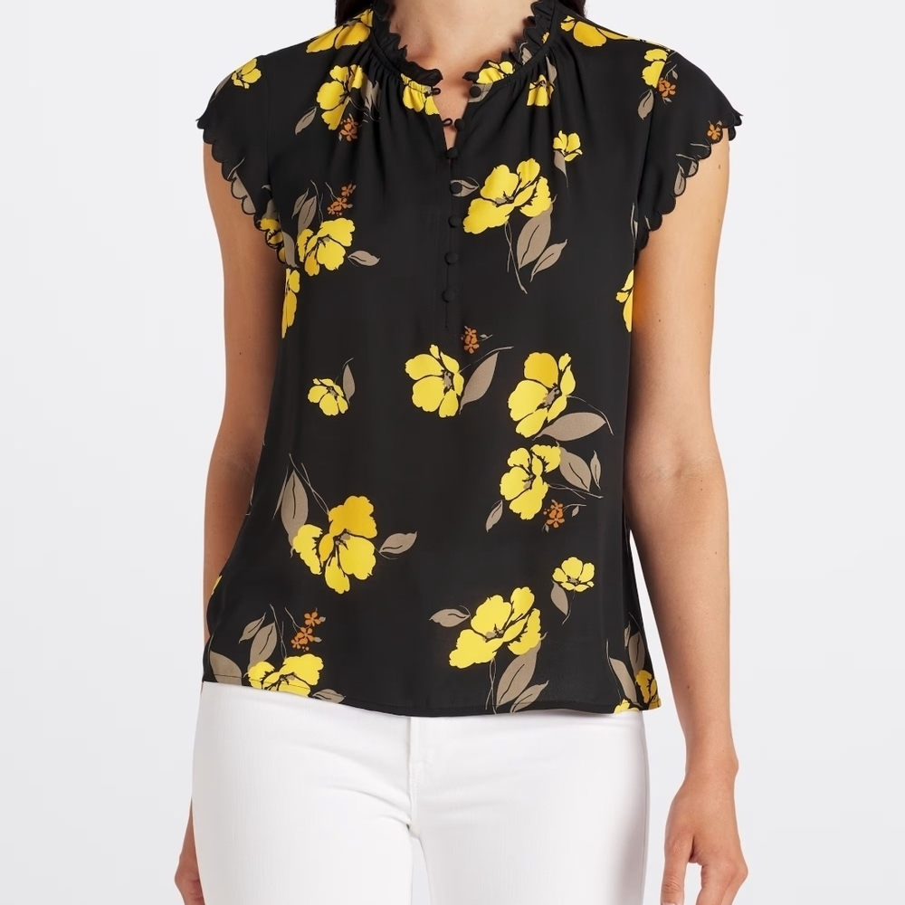 Daniel Rainn Black Sleeveless Floral Ruffle Neck Top with Yellow Blooms